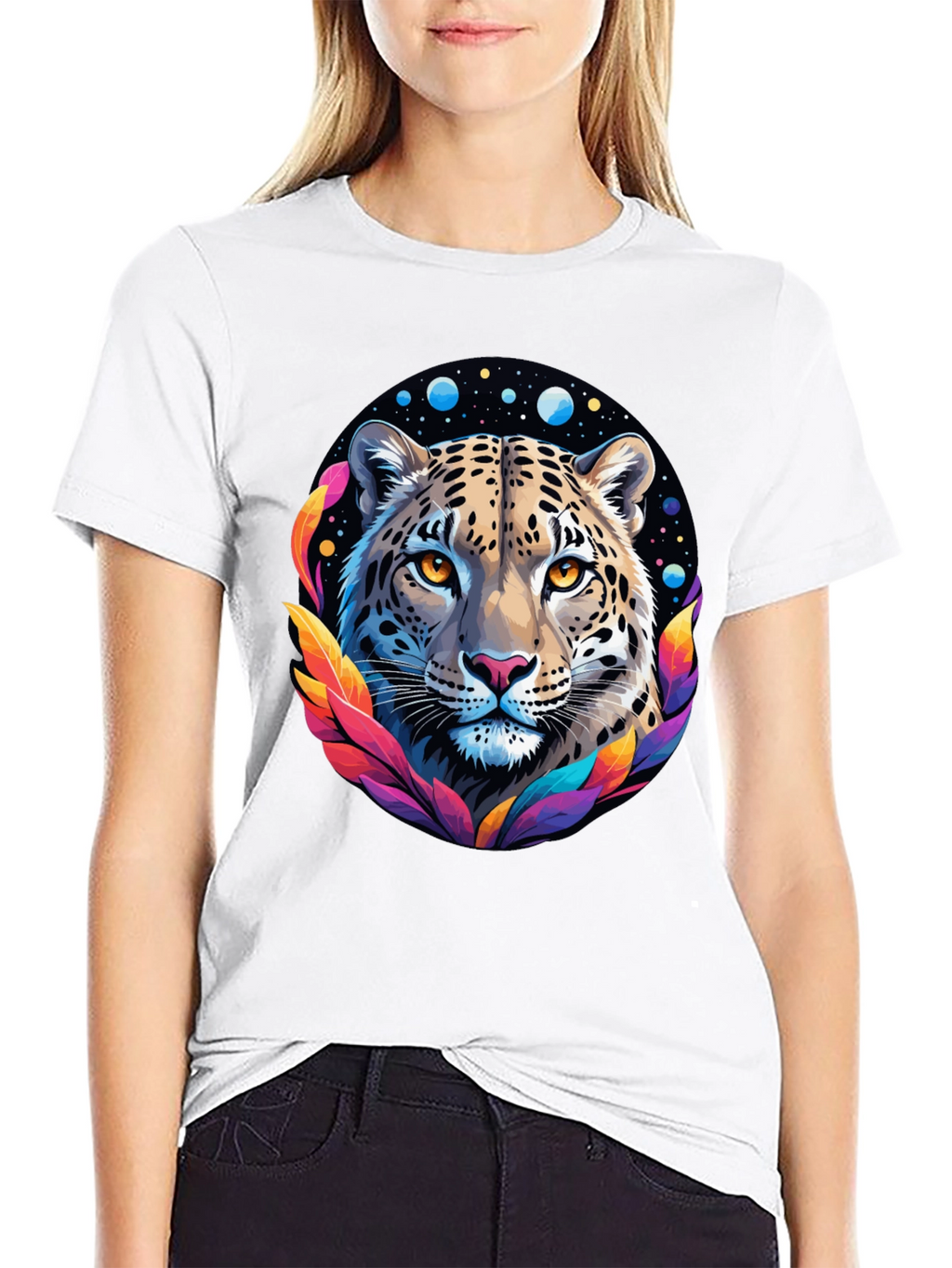 Leopard Galaxy Graphic Print Tee - Stylish Black T-Shirt