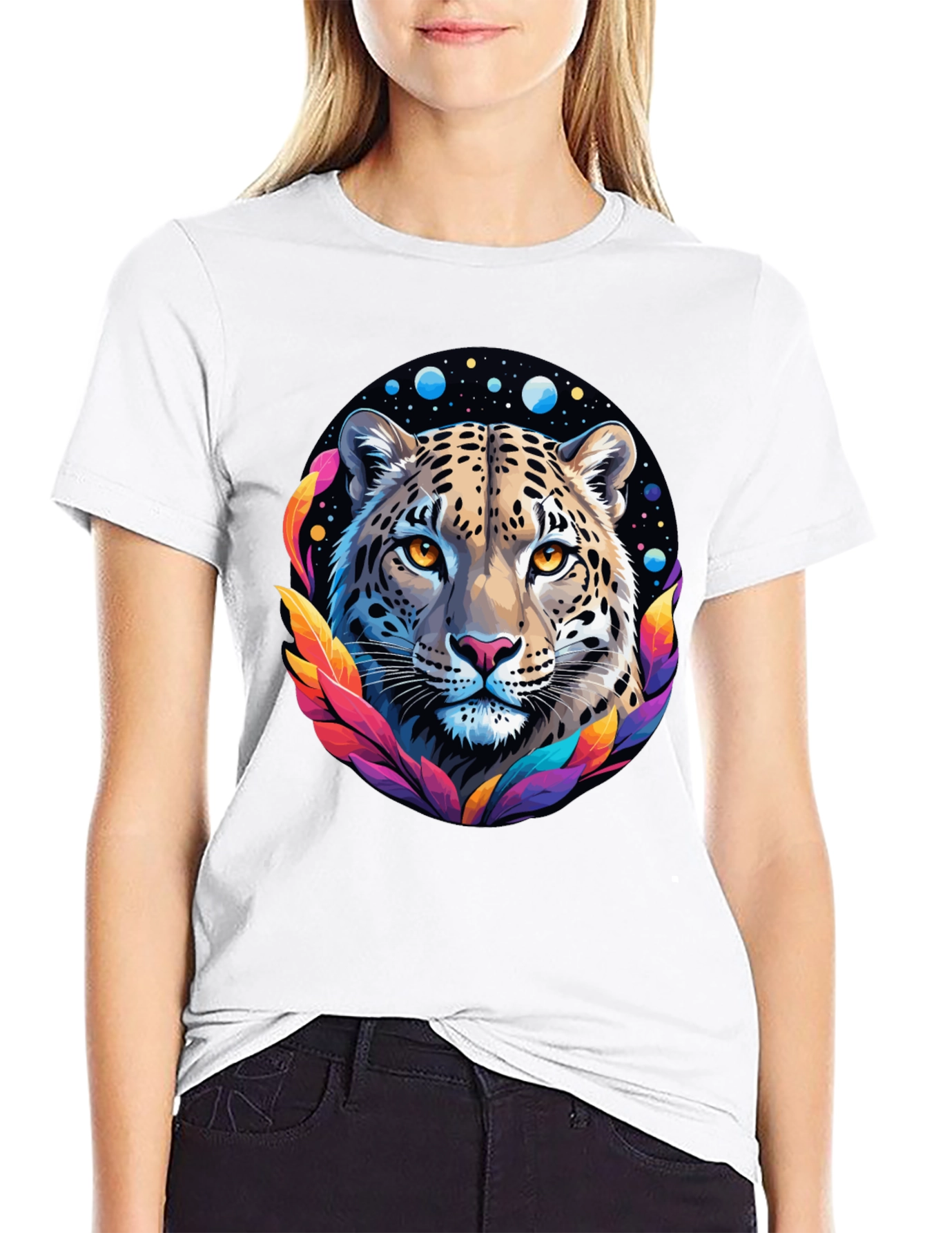 Leopard Galaxy Graphic Print Tee - Stylish Black T-Shirt