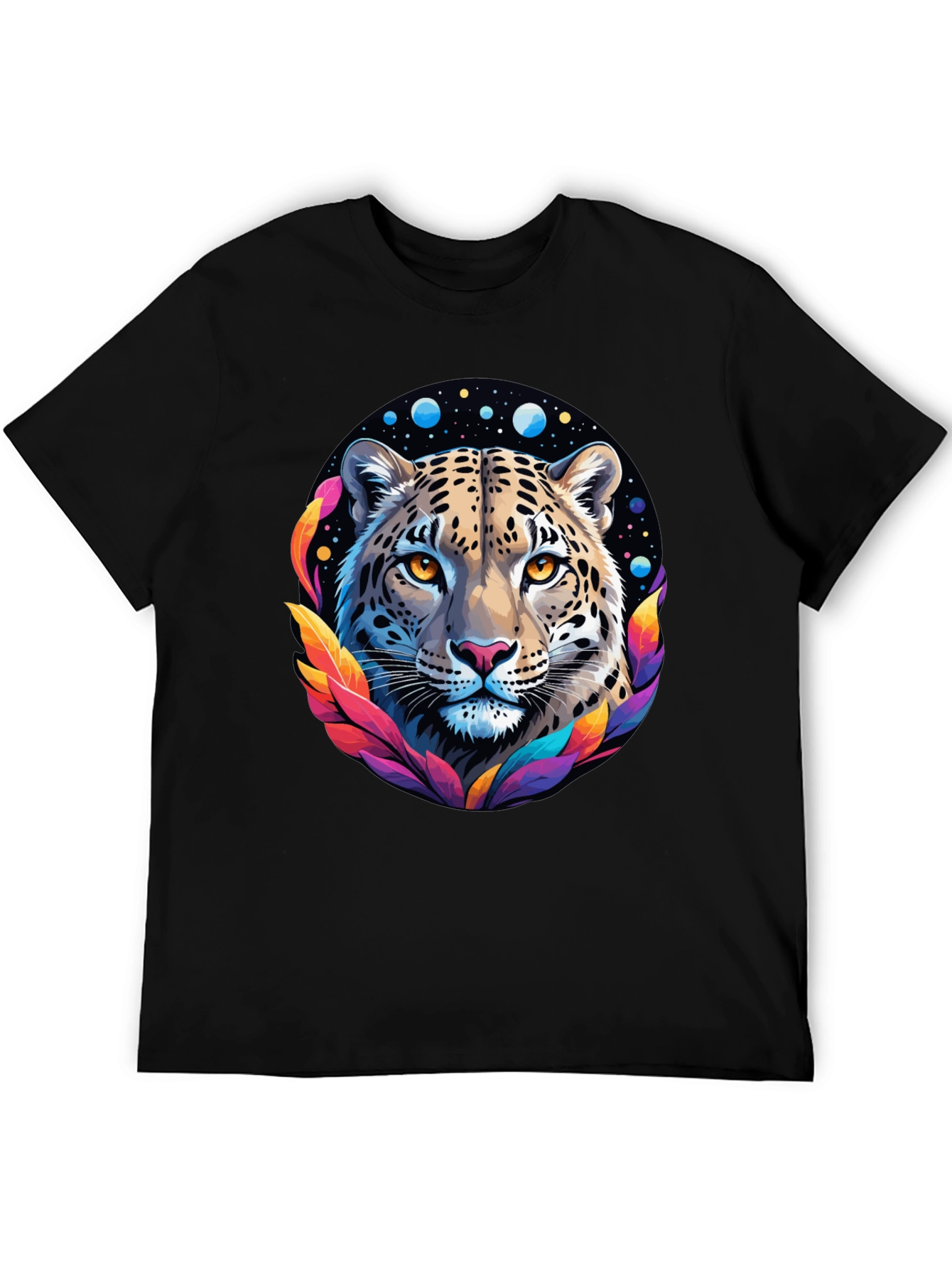 Leopard Galaxy Graphic Print Tee - Stylish Black T-Shirt