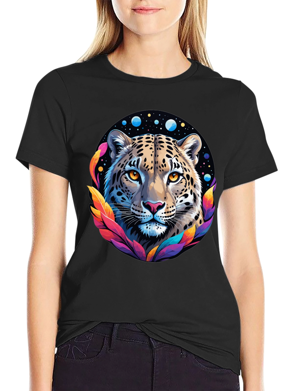 Leopard Galaxy Graphic Print Tee - Stylish Black T-Shirt