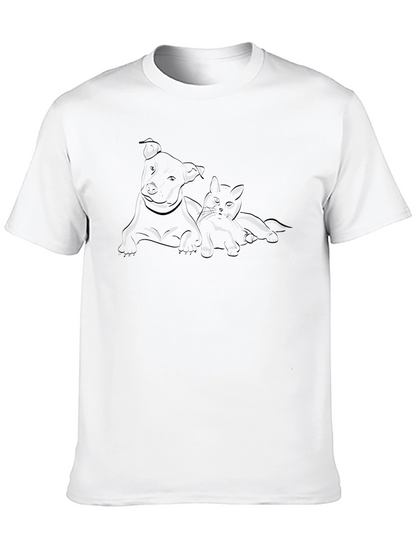 Dog and Cat Line Art Black T-Shirt