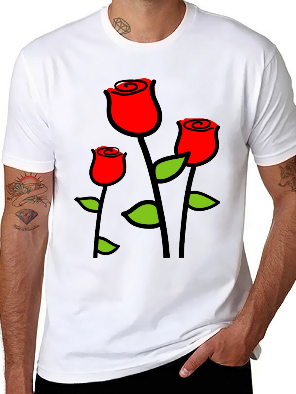Black T-Shirt with Red Roses Graphic Print