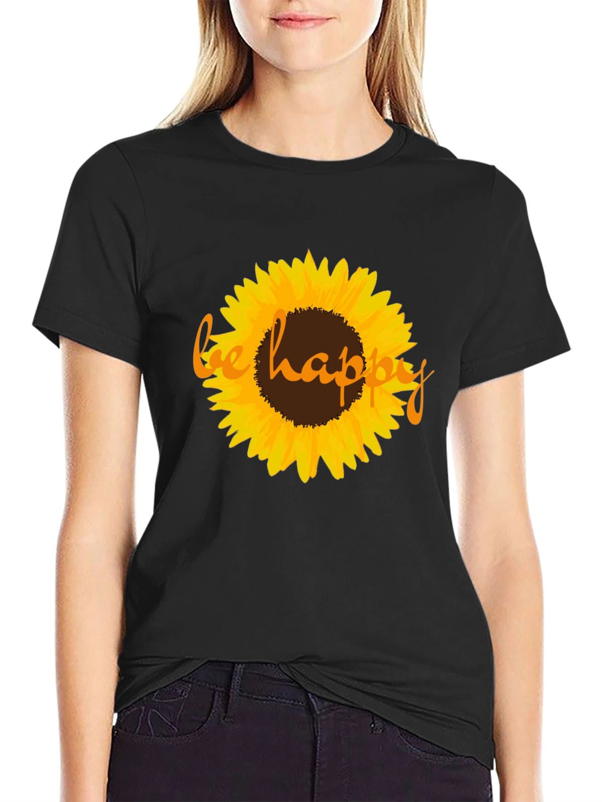 Sunflower Be Happy Graphic Black T-Shirt