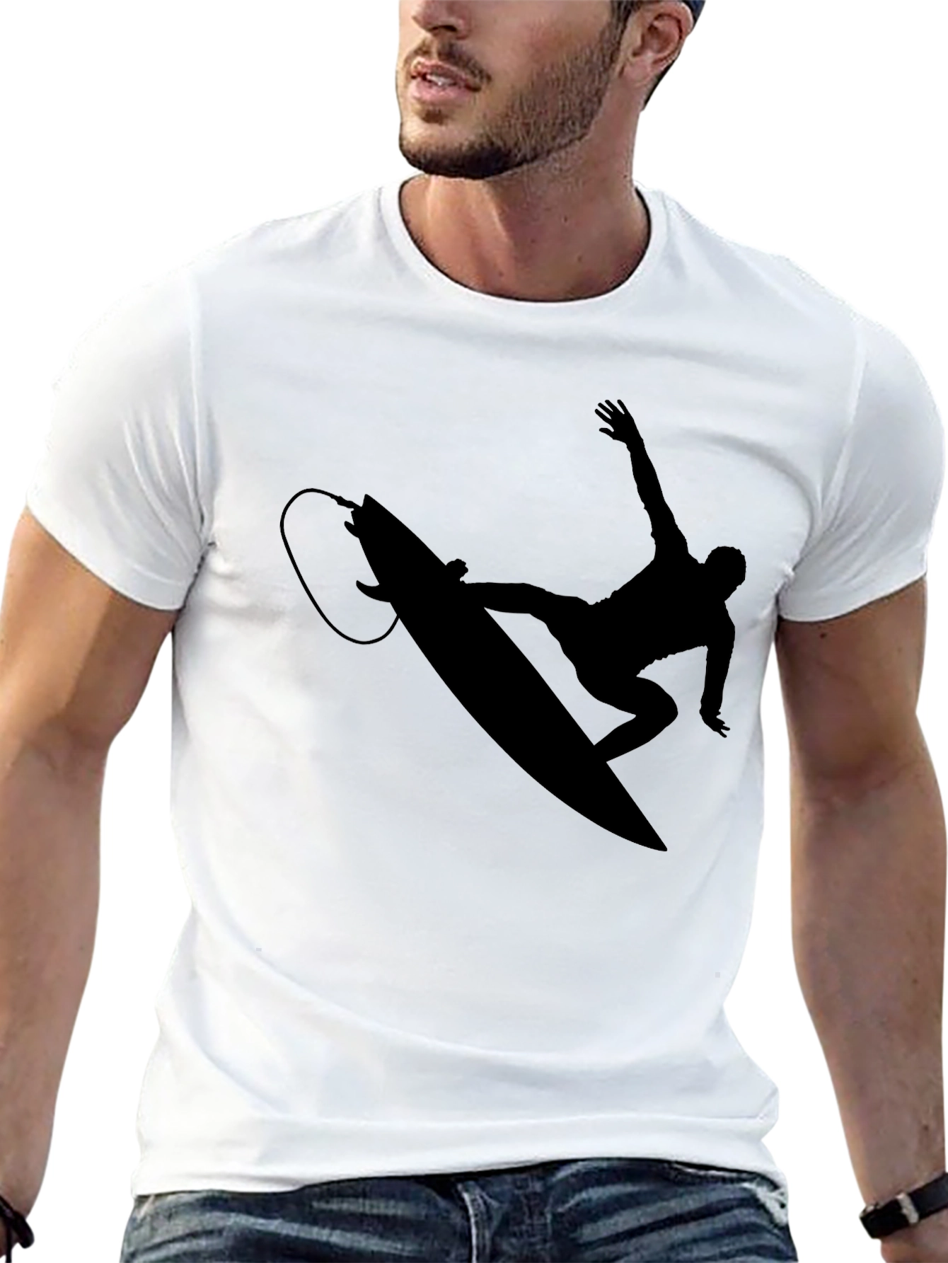 Surfer Silhouette Graphic Tee - Black Cotton T-Shirt