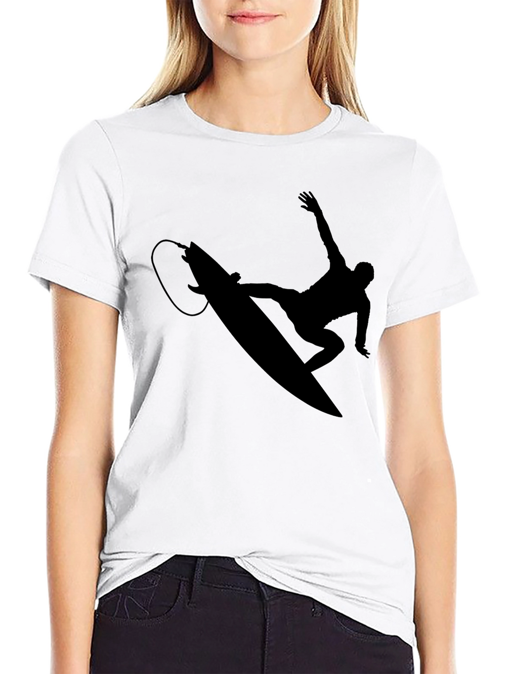 Surfer Silhouette Graphic Tee - Black Cotton T-Shirt