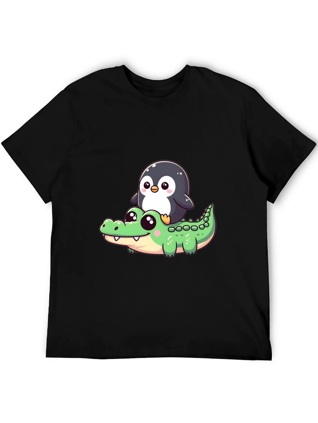 Cute Penguin Riding Alligator Graphic Tee - Black