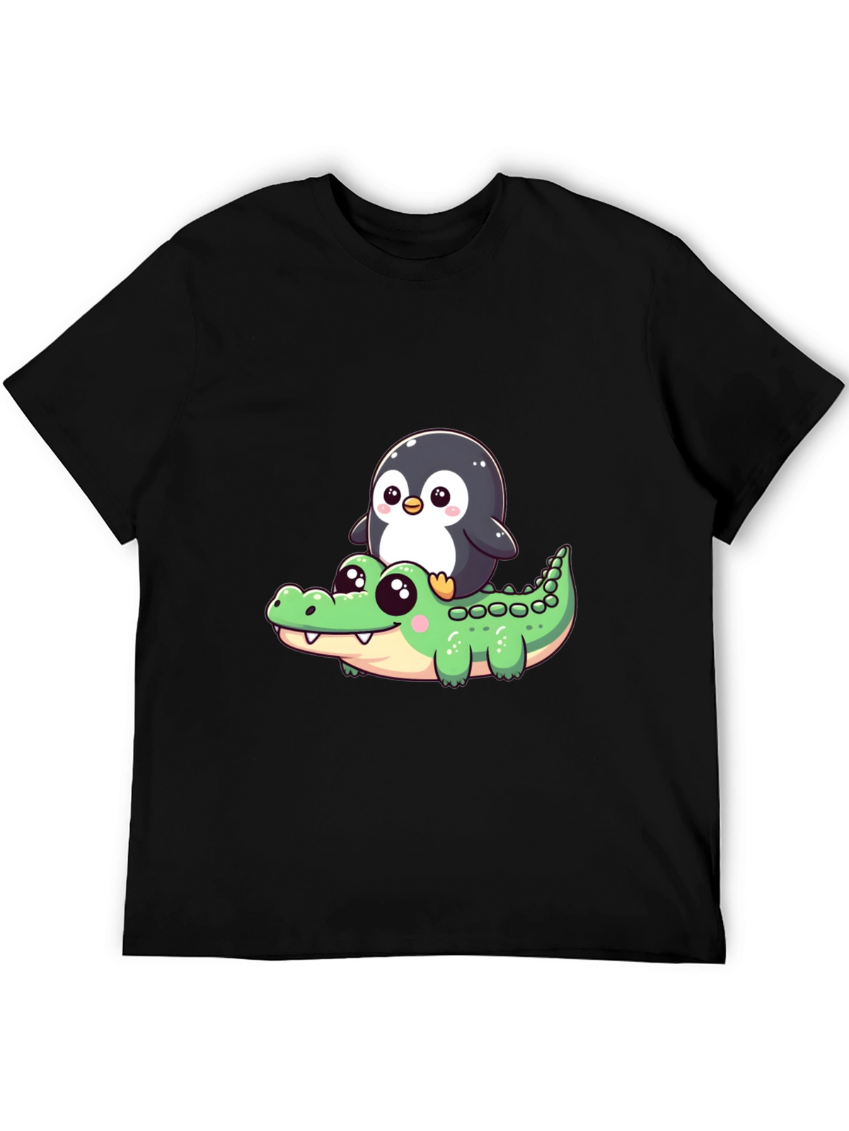 Cute Penguin Riding Alligator Graphic Tee - Black