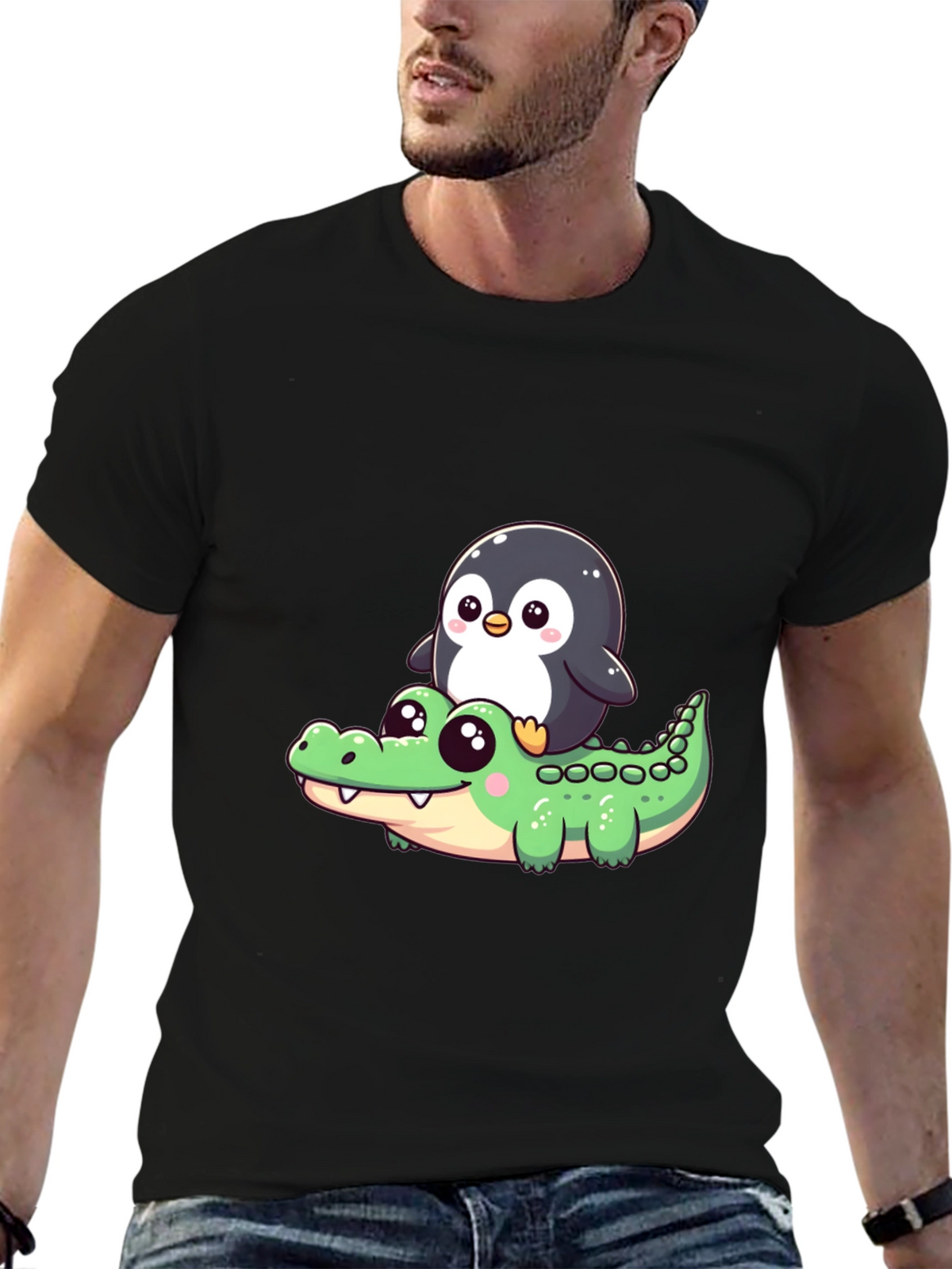 Cute Penguin Riding Alligator Graphic Tee - Black