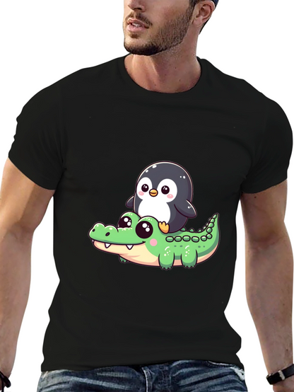 Cute Penguin Riding Alligator Graphic Tee - Black
