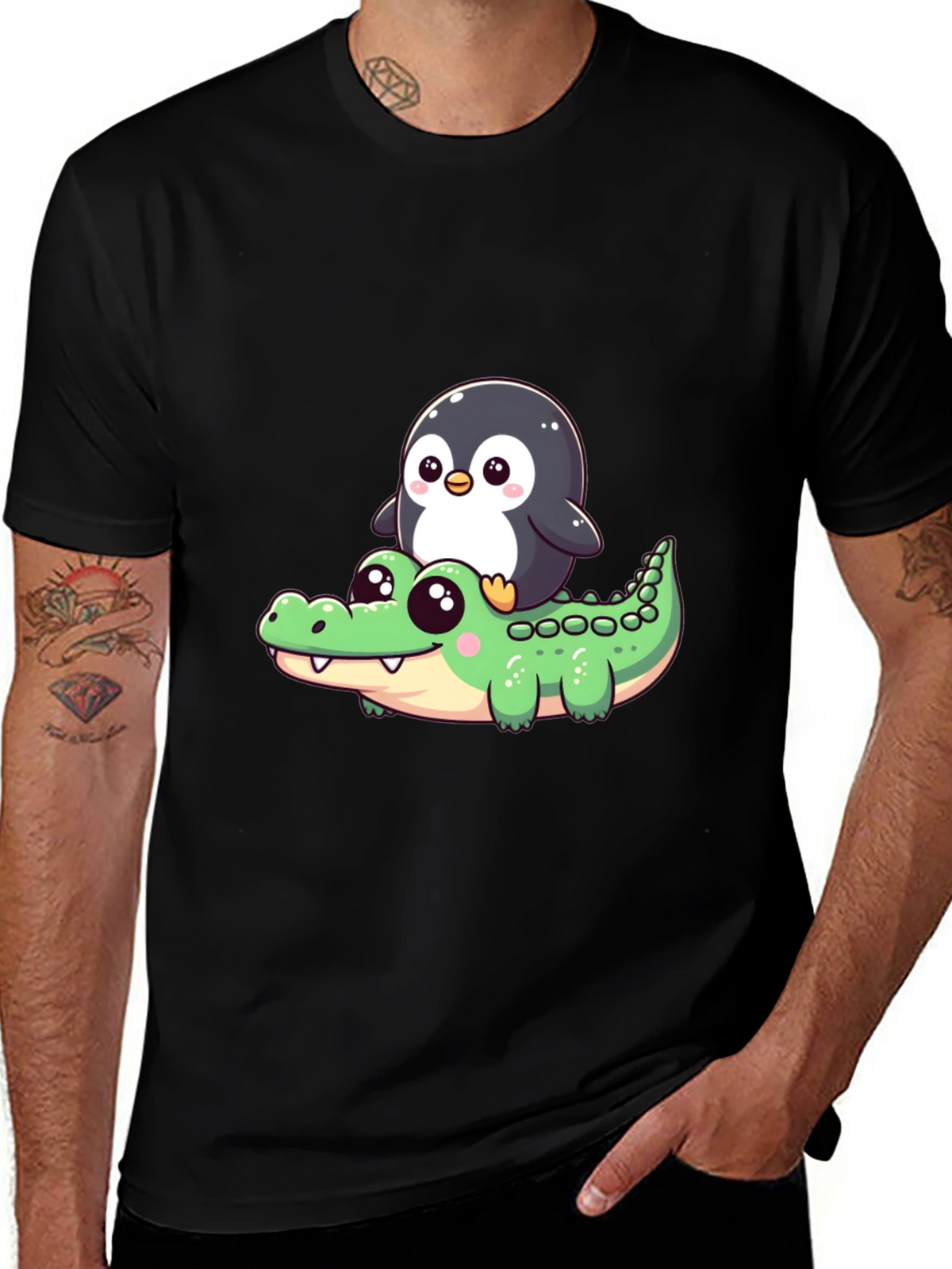 Cute Penguin Riding Alligator Graphic Tee - Black