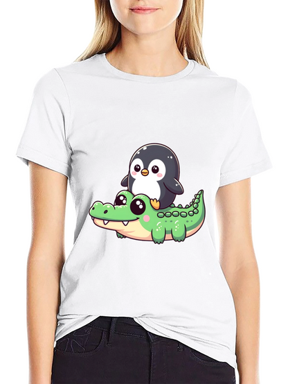 Cute Penguin Riding Alligator Graphic Tee - Black