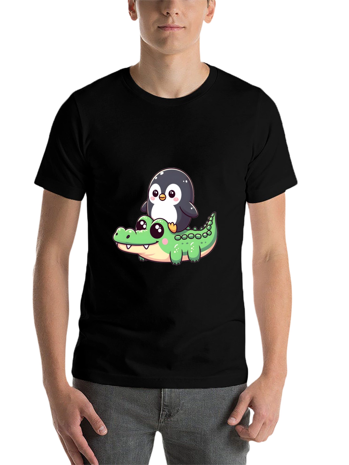 Cute Penguin Riding Alligator Graphic Tee - Black