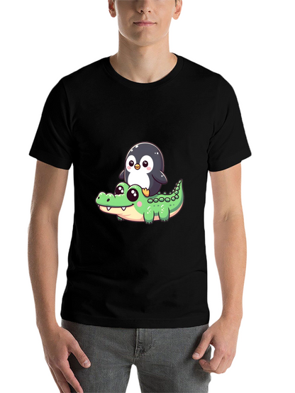 Cute Penguin Riding Alligator Graphic Tee - Black