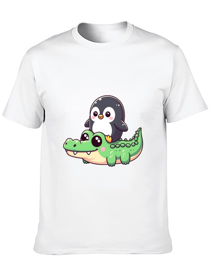 Cute Penguin Riding Alligator Graphic Tee - Black
