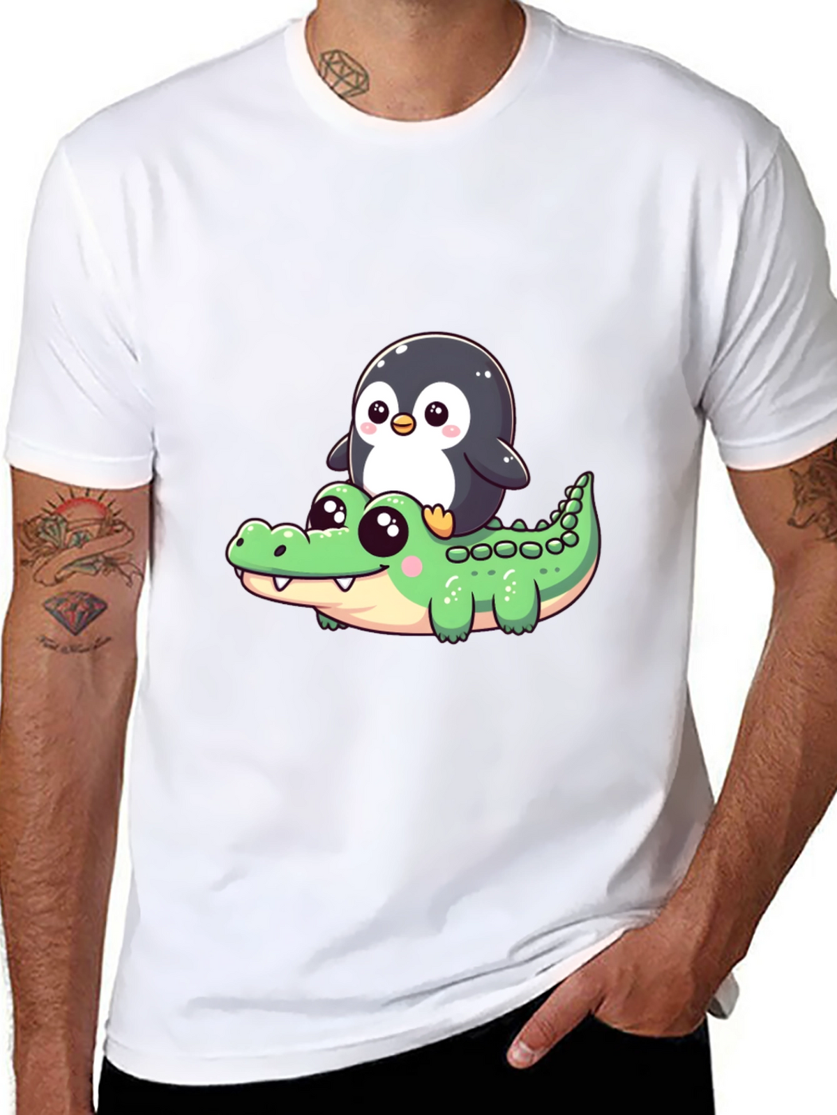 Cute Penguin Riding Alligator Graphic Tee - Black