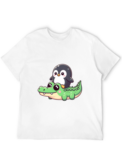 Cute Penguin Riding Alligator Graphic Tee - Black