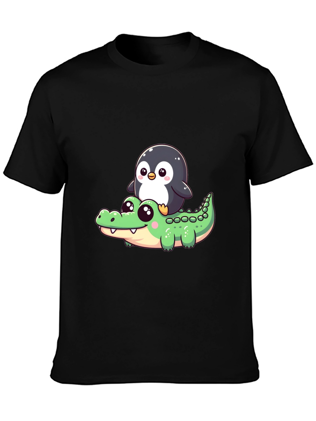 Cute Penguin Riding Alligator Graphic Tee - Black