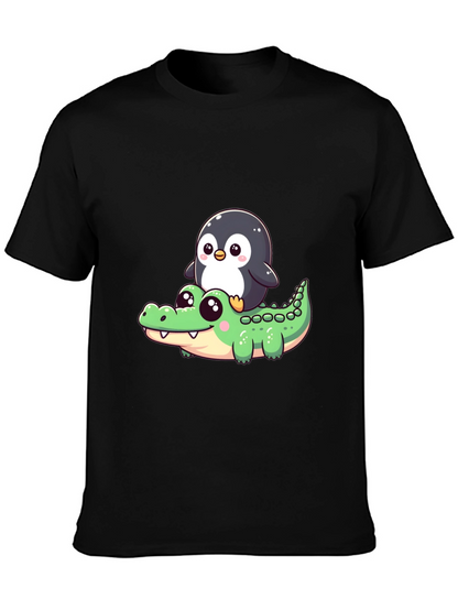 Cute Penguin Riding Alligator Graphic Tee - Black