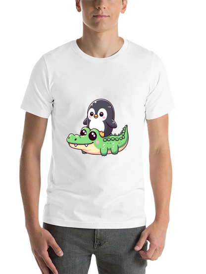 Cute Penguin Riding Alligator Graphic Tee - Black