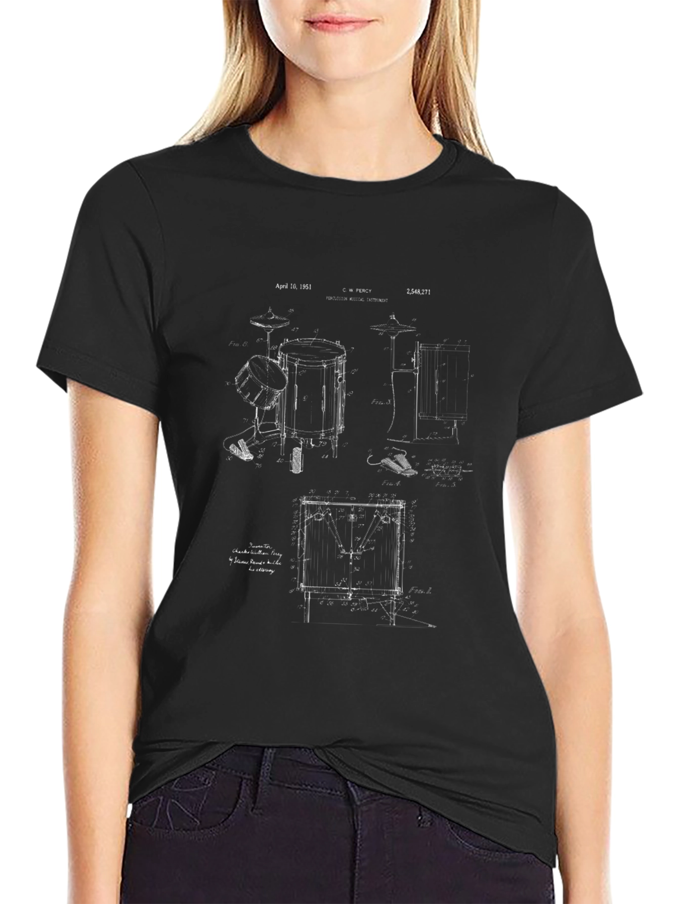 Vintage Drum Set Blueprint Graphic T-Shirt