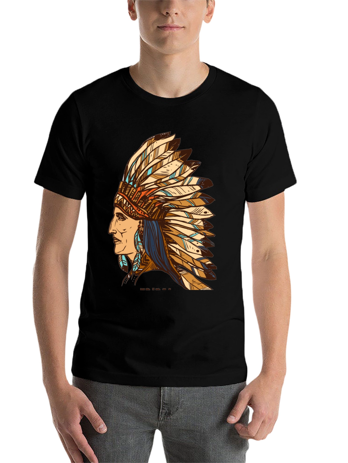 Black Indian Chief Feather Headdress Graphic T-Shirt