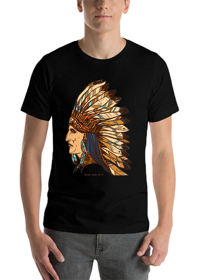 Black Indian Chief Feather Headdress Graphic T-Shirt