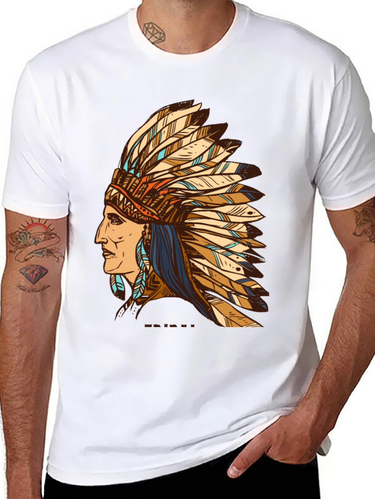 Black Indian Chief Feather Headdress Graphic T-Shirt