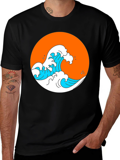 Orange Wave Graphic Black Tee