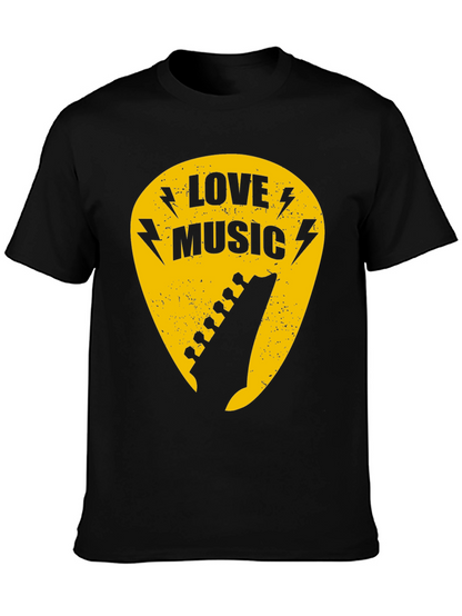 Love Music Black Graphic T-Shirt - Guitar Pick Design