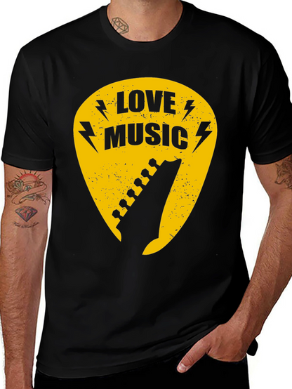 Love Music Black Graphic T-Shirt - Guitar Pick Design