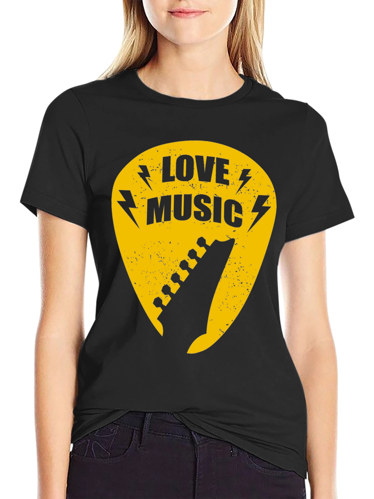 Love Music Black Graphic T-Shirt - Guitar Pick Design