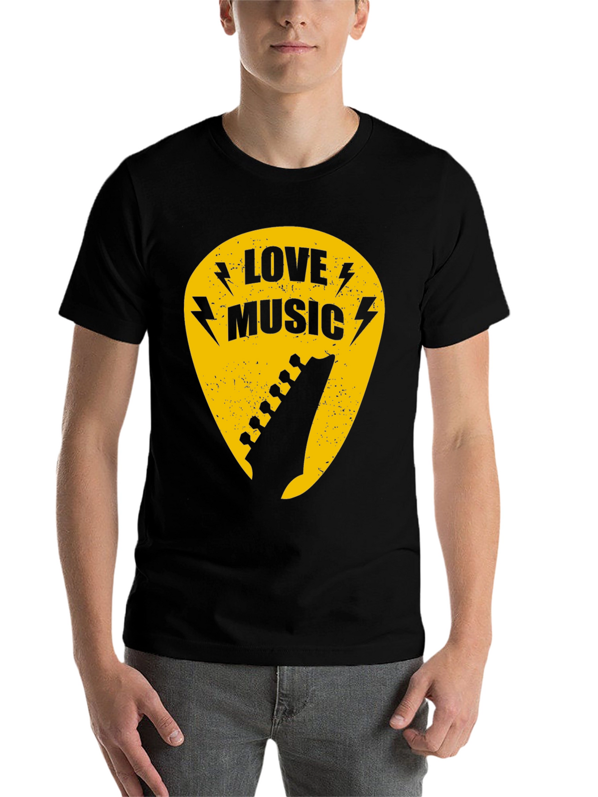 Love Music Black Graphic T-Shirt - Guitar Pick Design