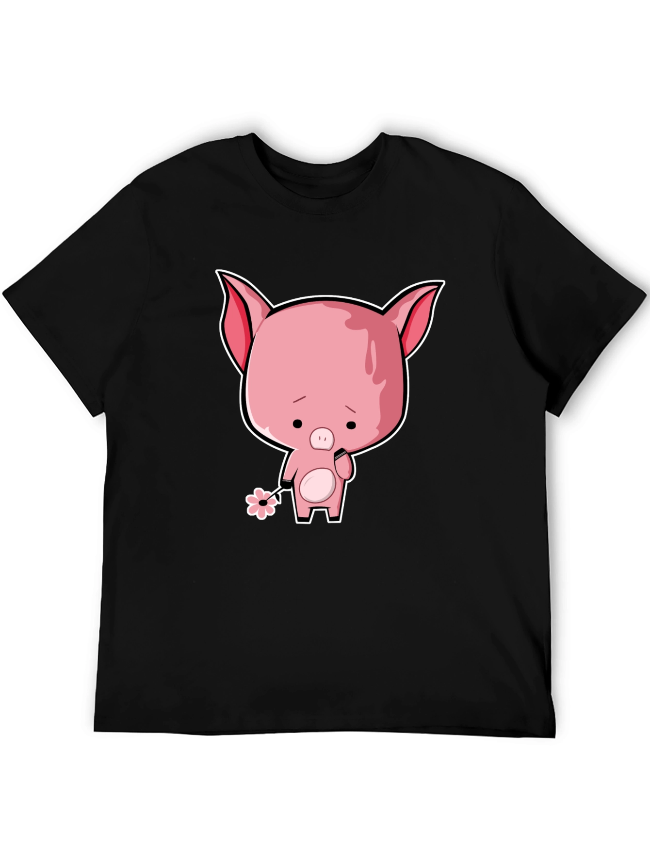 Sad Pig Cartoon T-Shirt - Black