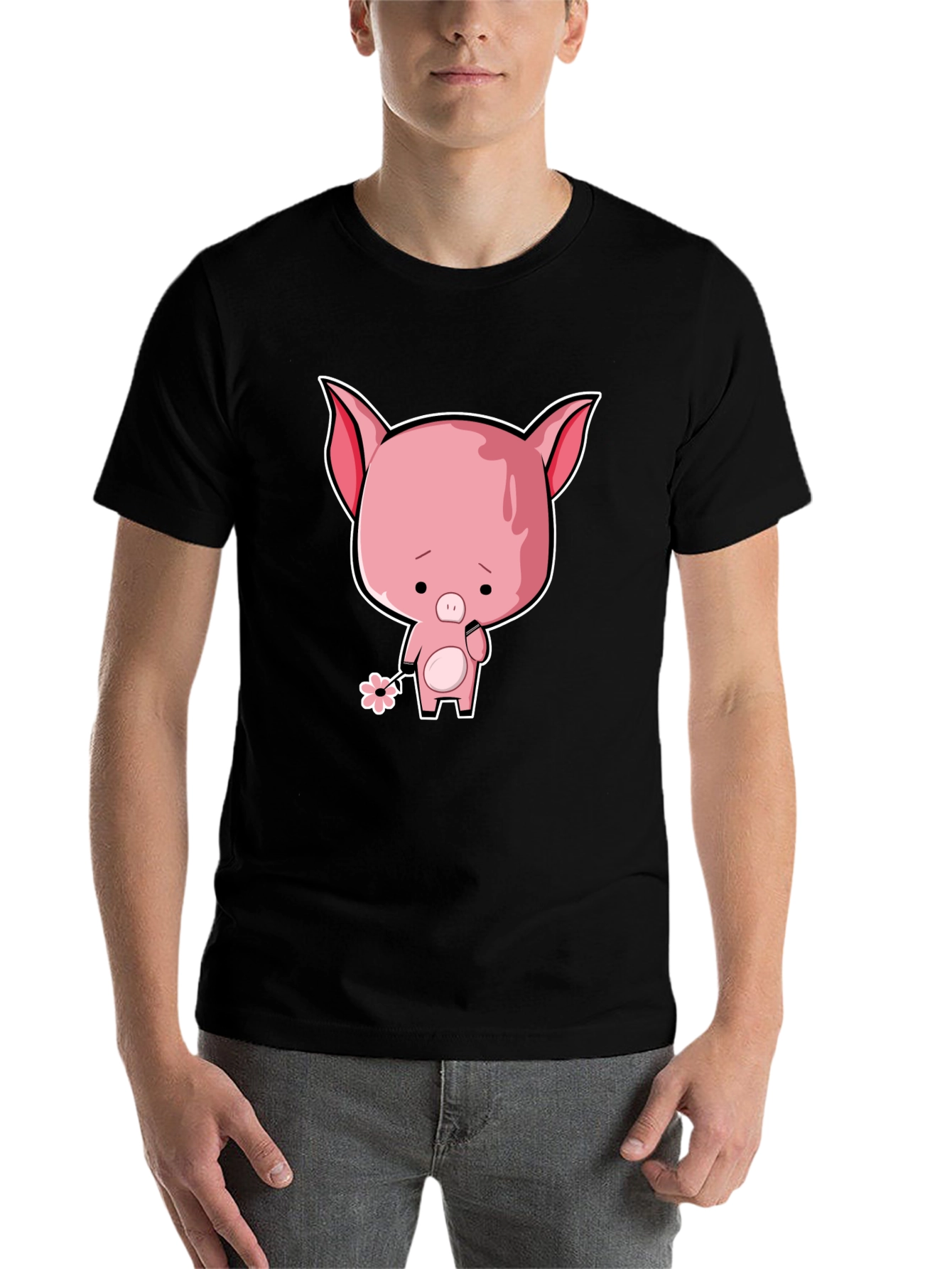 Sad Pig Cartoon T-Shirt - Black