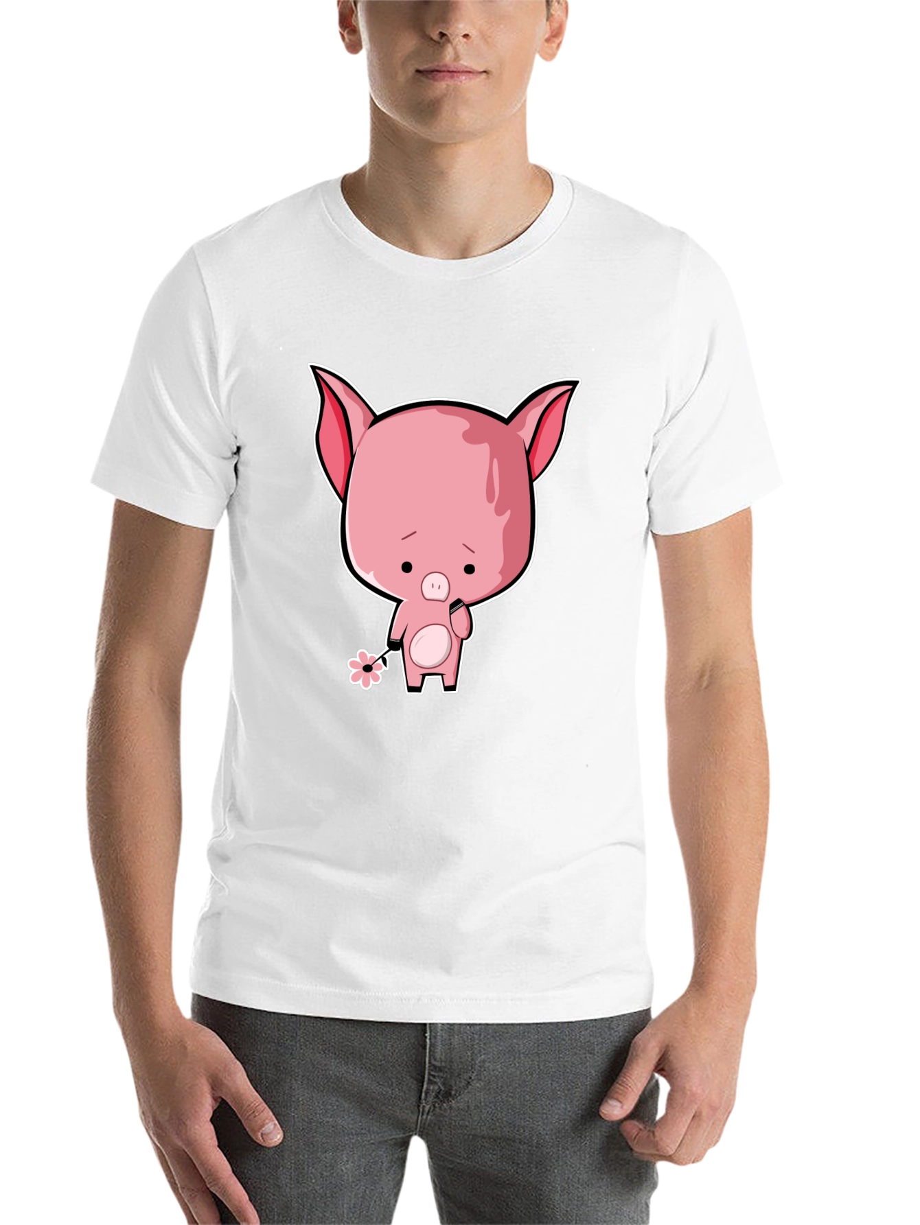 Sad Pig Cartoon T-Shirt - Black