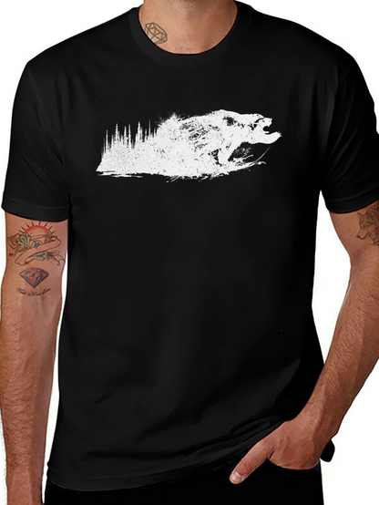 Mens Black T-Shirt - Grizzly Bear Forest Design