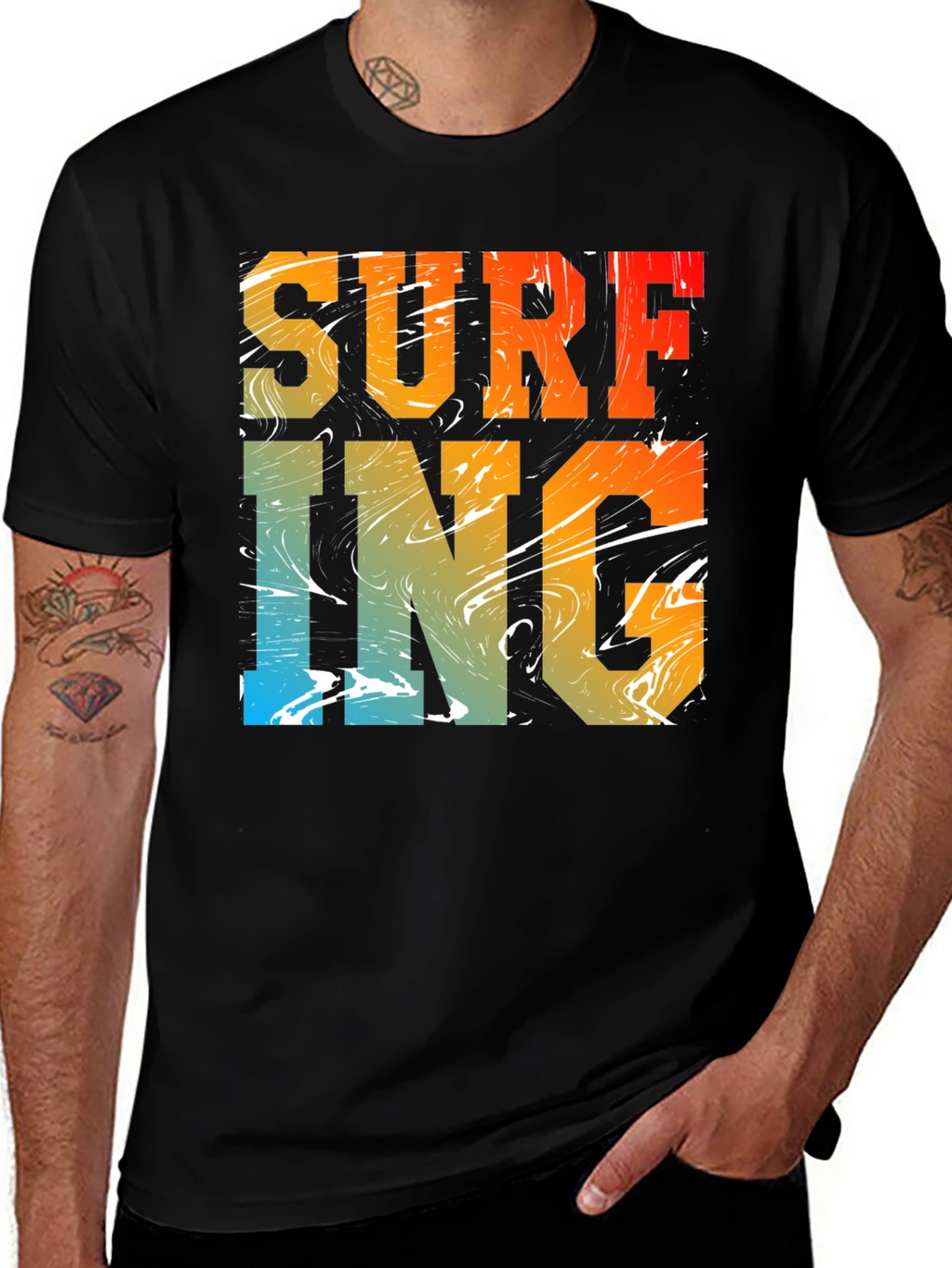 Surfing Graphic Print Black Crew Neck T-Shirt
