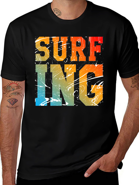 Surfing Graphic Print Black Crew Neck T-Shirt