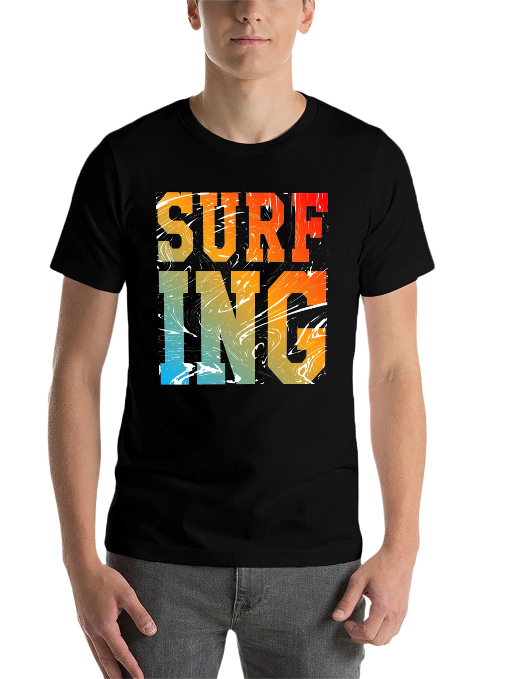 Surfing Graphic Print Black Crew Neck T-Shirt