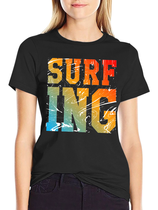 Surfing Graphic Print Black Crew Neck T-Shirt