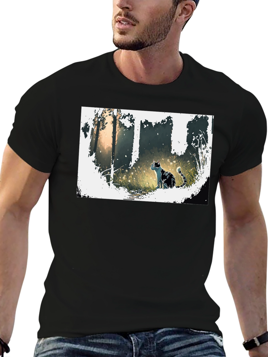 Nature Cat Graphic Tee - Stylish Black T-Shirt