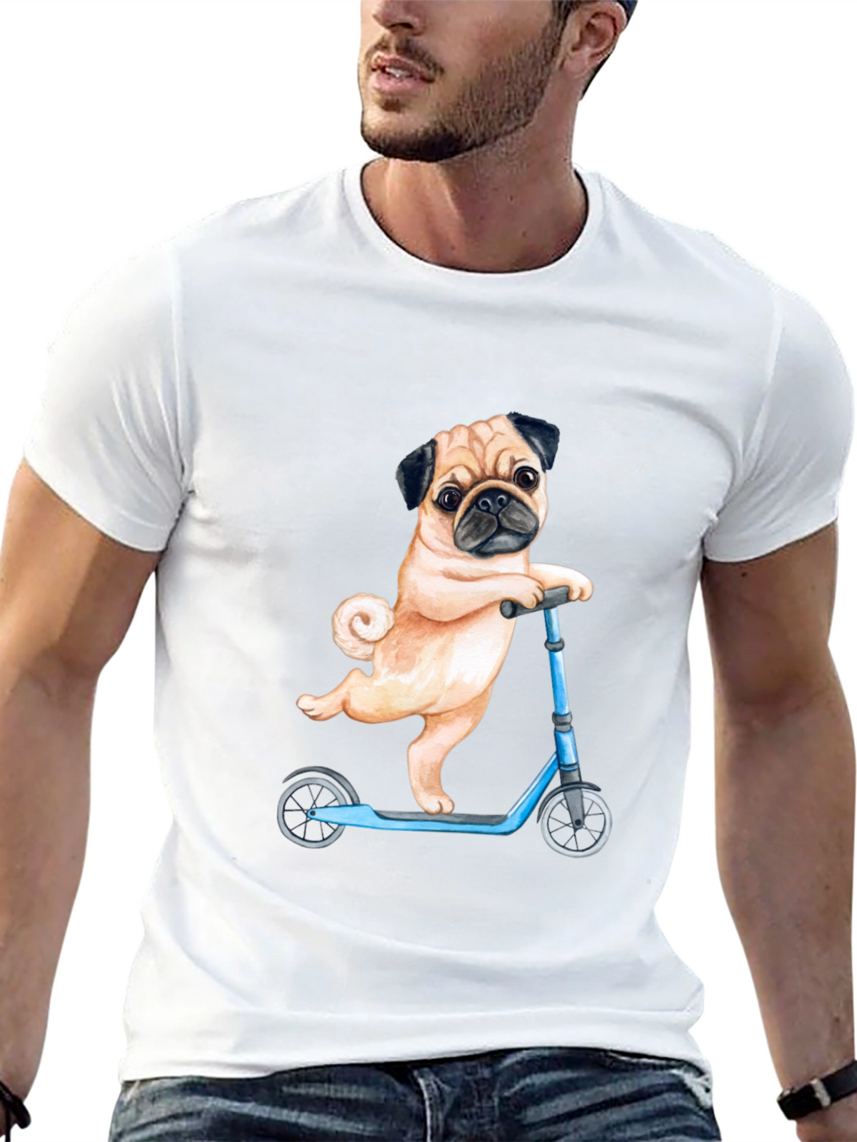 Pug on Scooter Graphic T-Shirt
