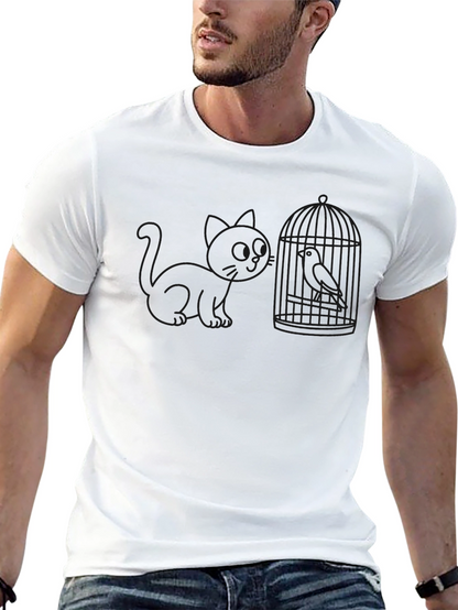 Cat and Birdcage Black T-Shirt