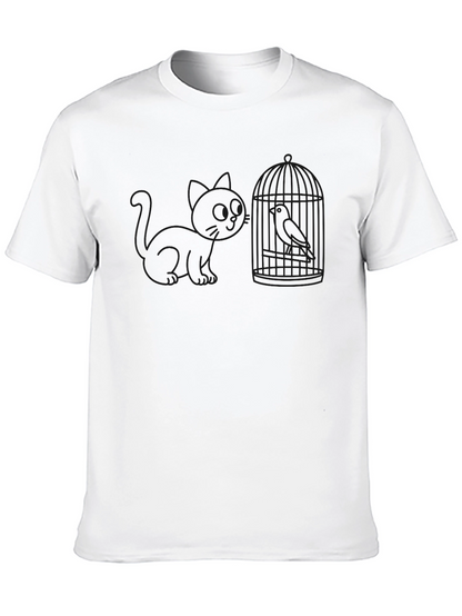 Cat and Birdcage Black T-Shirt