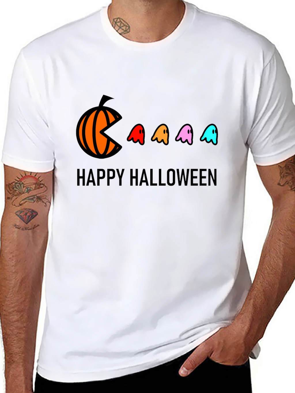 Happy Halloween T-Shirt - Pumpkin Pacman Ghost Design