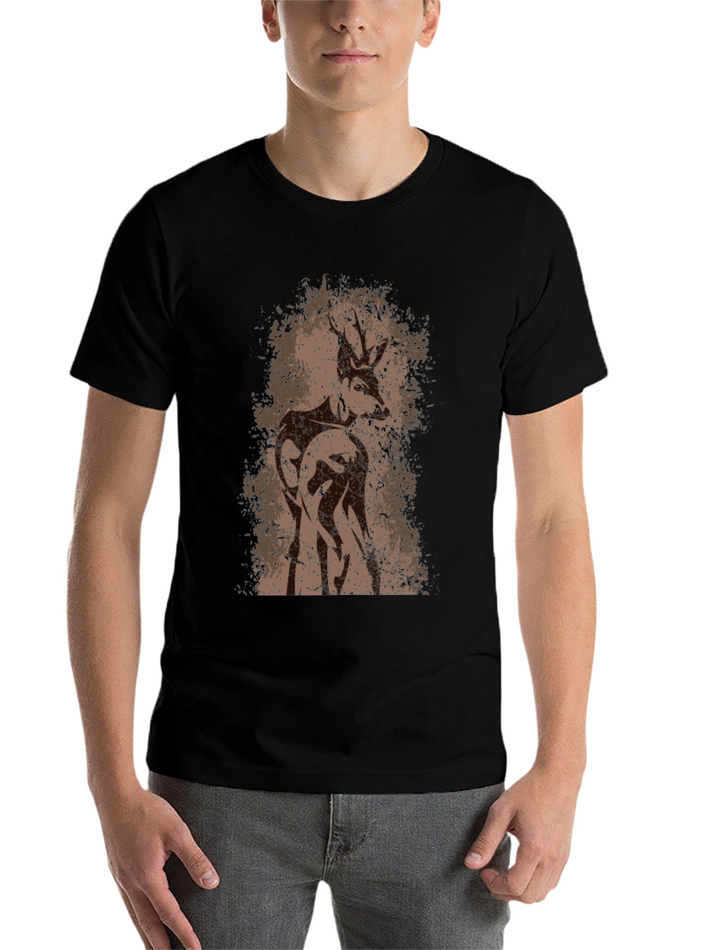Deer Graphic T-Shirt - Mens Black Crew Neck Tee