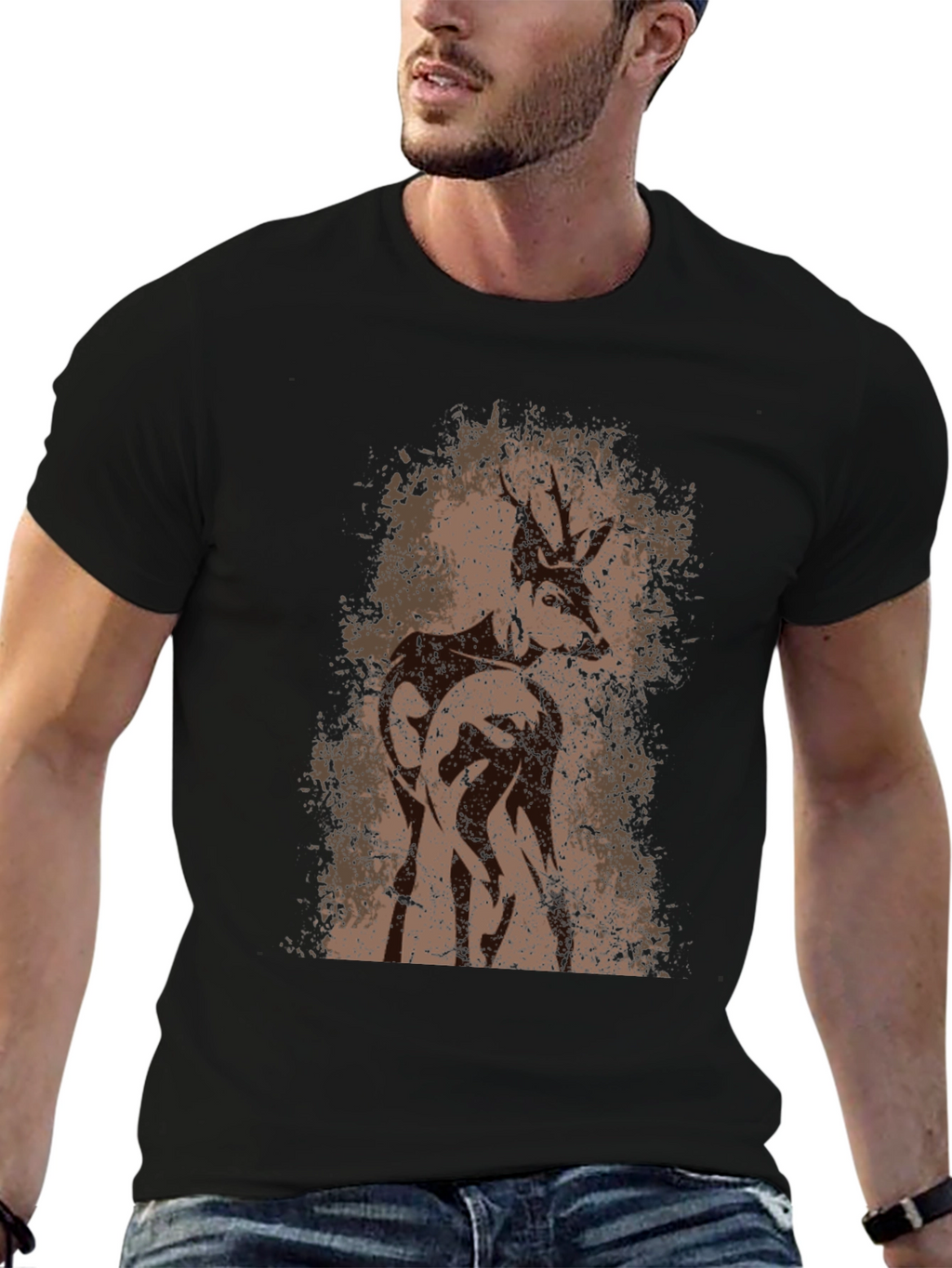 Deer Graphic T-Shirt - Mens Black Crew Neck Tee