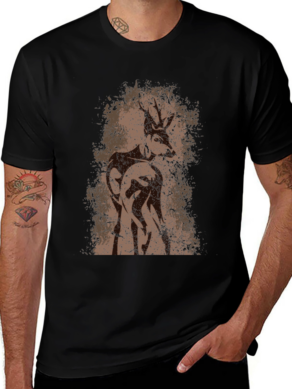 Deer Graphic T-Shirt - Mens Black Crew Neck Tee