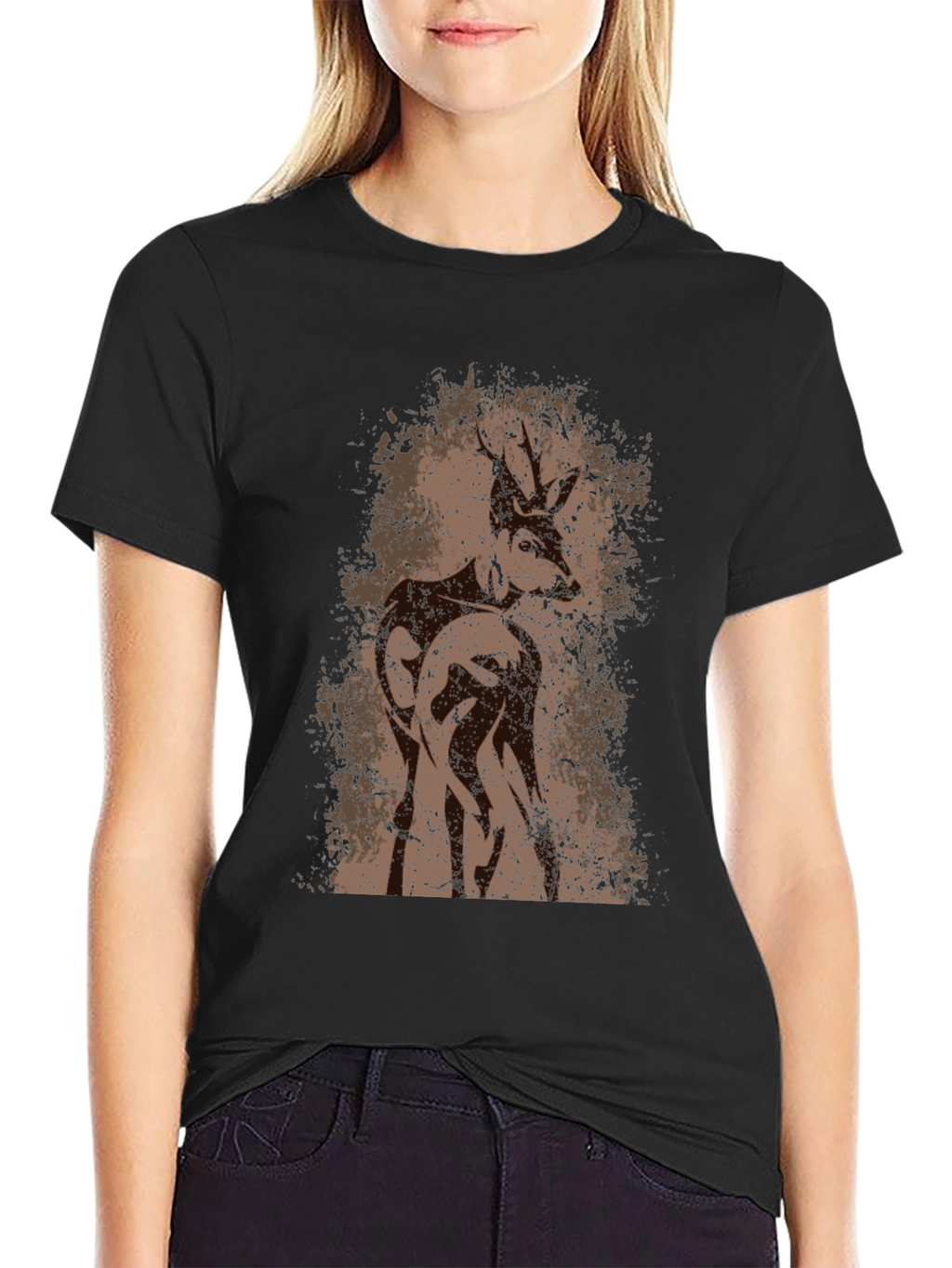 Deer Graphic T-Shirt - Mens Black Crew Neck Tee