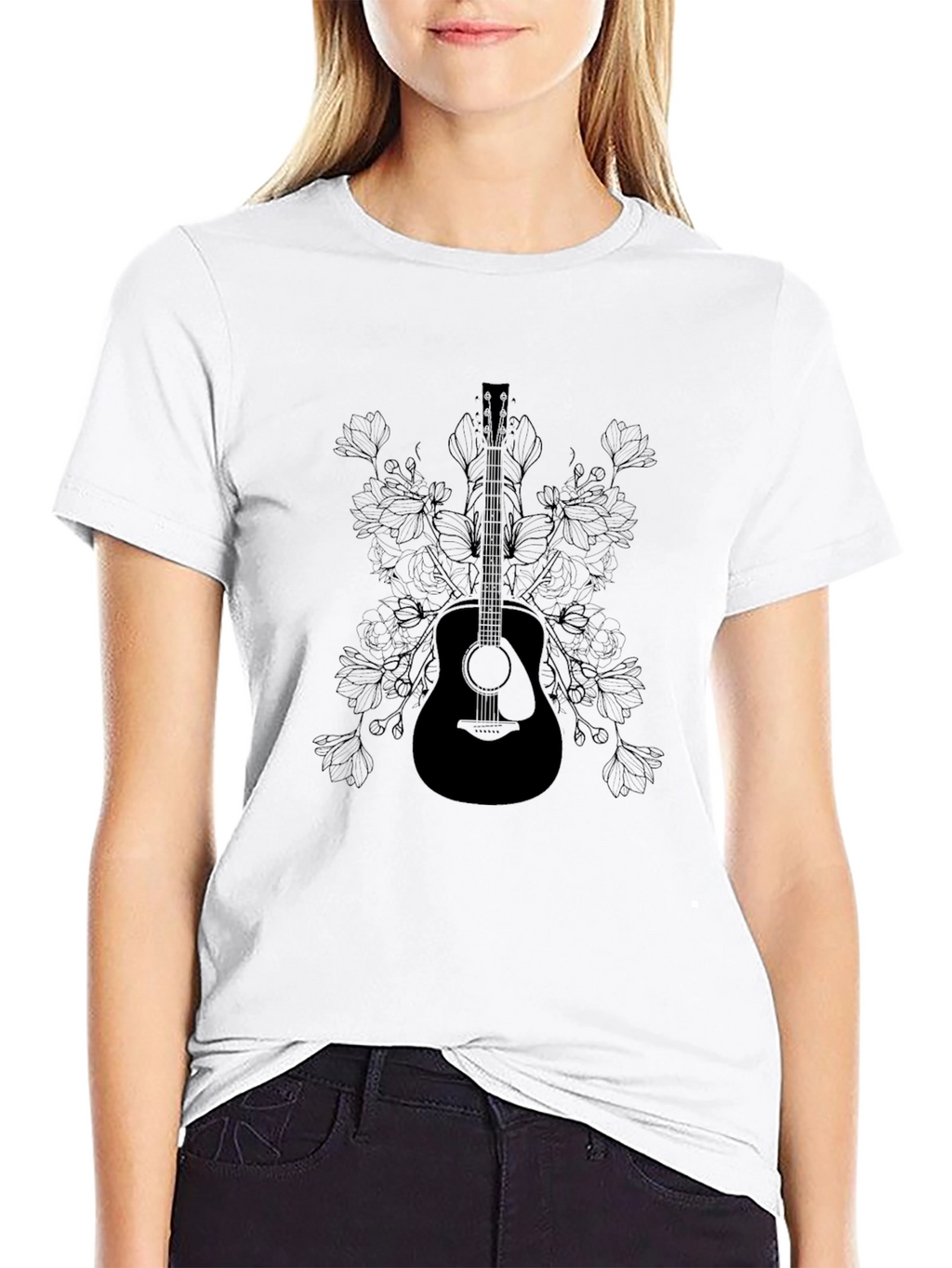 Guitar & Floral Graphic Tee - Black